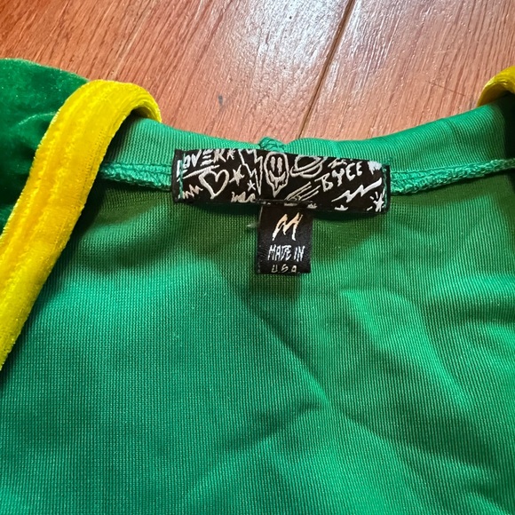 Dolls Kill Green Velvet One-Piece Romper with Yellow Trim - Picture 4 of 4